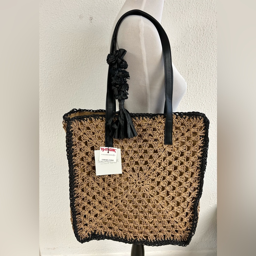 Rachel Zoe Tote Braided Natural Raffia Tassel Bag Tan Brown Beachy Summer Boho